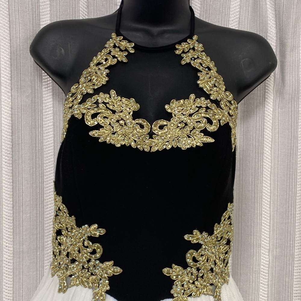 Blondie Nites Short Halter Dress Black White and Gold Homecoming Prom Size 3 EUC - Picture 2 of 13